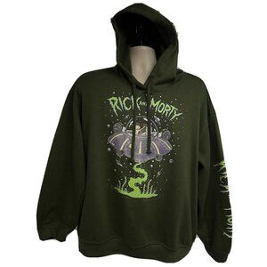 RICK & MORTY Dark Green Hoodie Pullover Sweatshirt XL Stretch Adult Swim Aliens